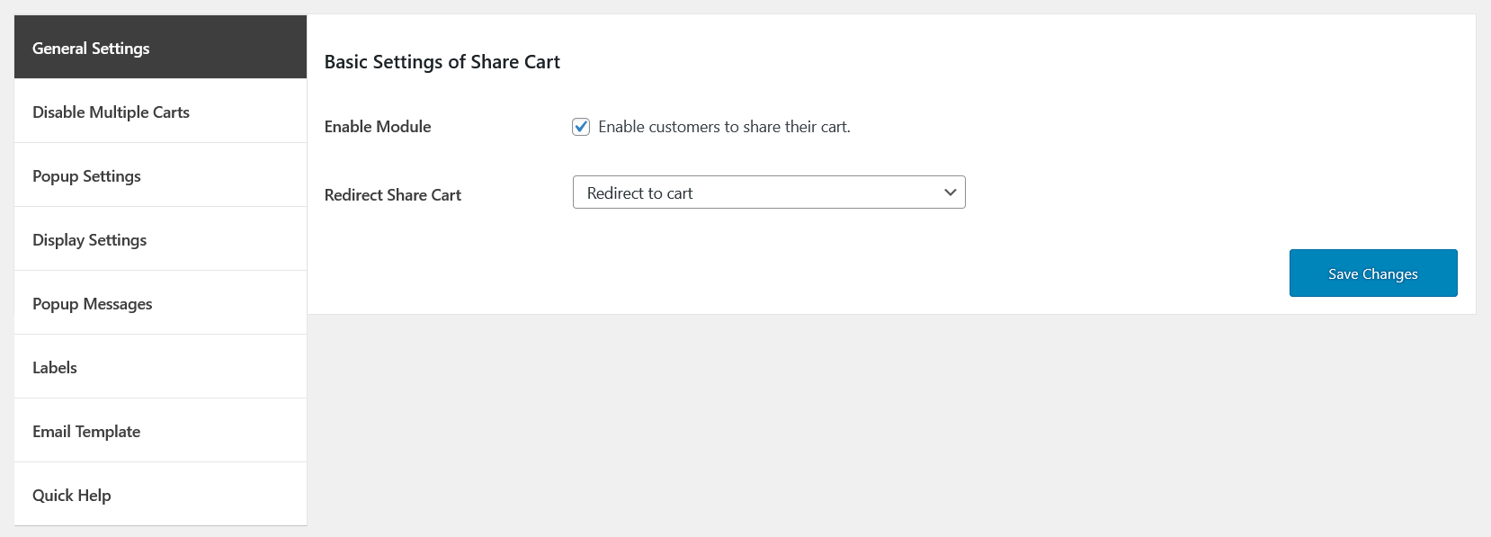 save and share cart general settings